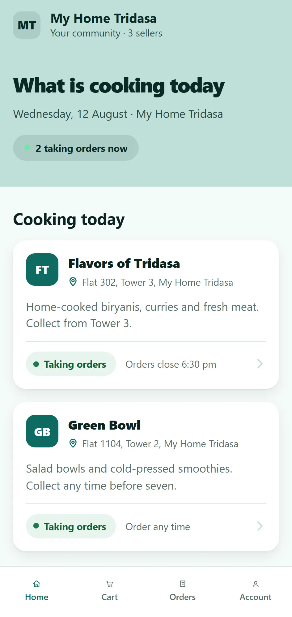The community page on a phone, listing every seller cooking today with what they make and when orders close, and below them the sellers who are not cooking today.