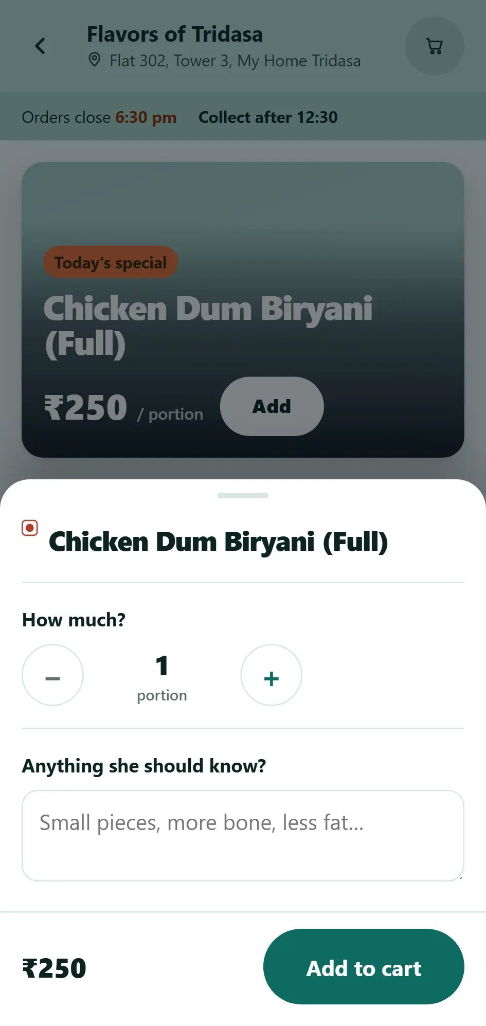 Choosing a dish: a stepper showing the quantity with its unit always visible, a note field, and the price for what has been chosen.