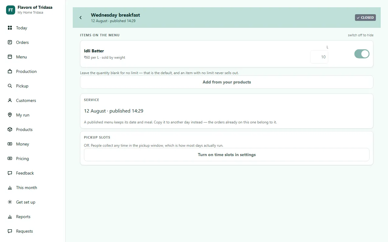 The menu editor listing each dish on todayâ€™s menu with its price, the quantity available, and the time orders close.