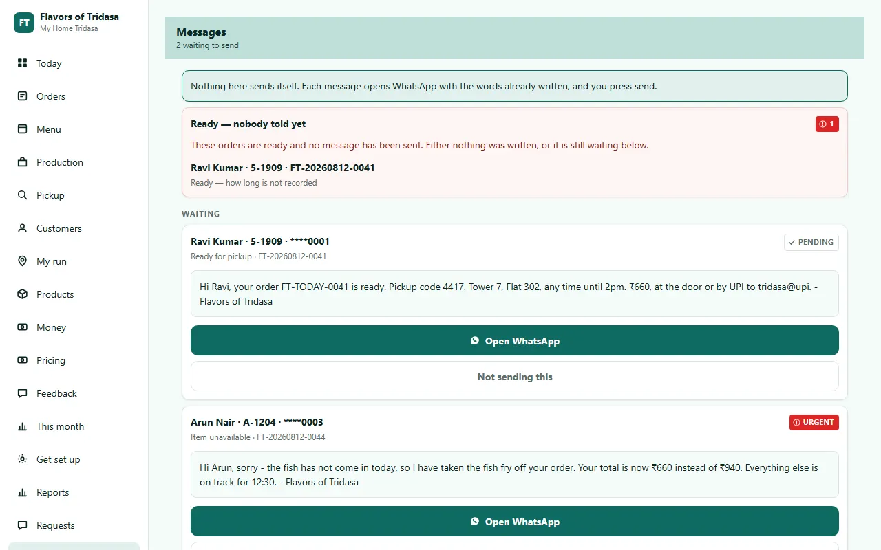 The messages screen: each customer owed an update, the exact text prepared for them, and a button that opens WhatsApp with it already written.