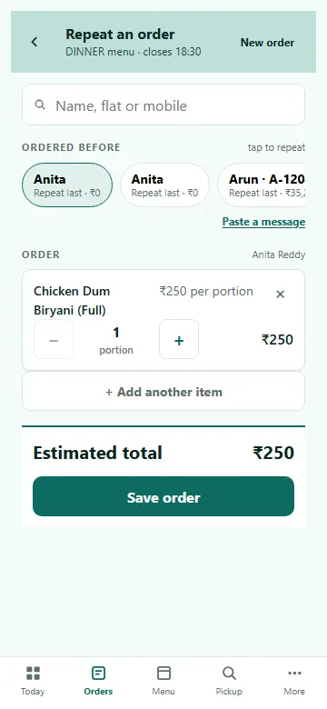 Taking an order on a phone: a known customer has been chosen and her previous order has been loaded, priced from todayâ€™s menu, ready to adjust and confirm.