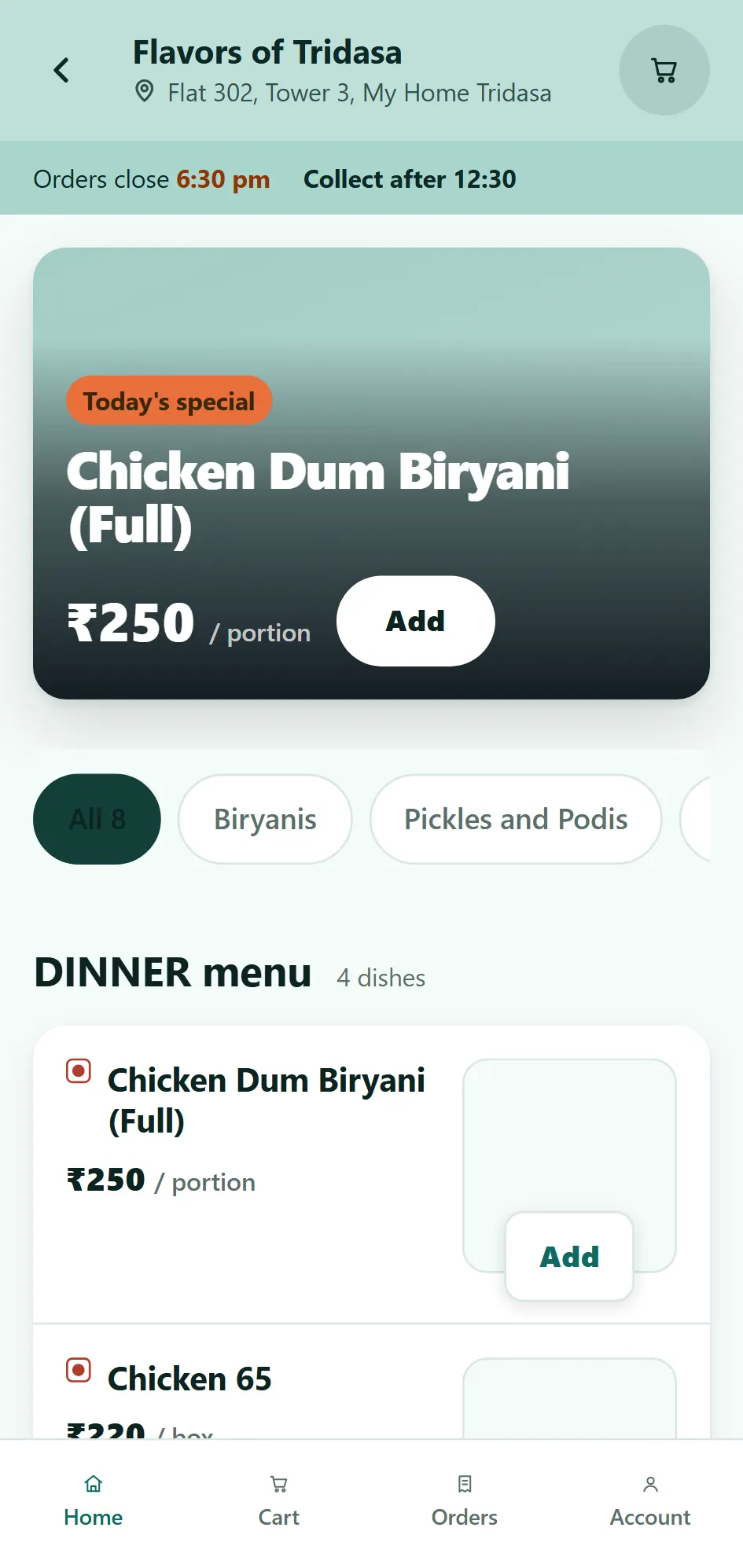 A single seller's page: today's dishes with prices, which have sold out, when orders close and where to collect from.
